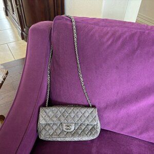 CHANEL Classic Single Flap Bag, Quilted Crackled Leather East West Metallic